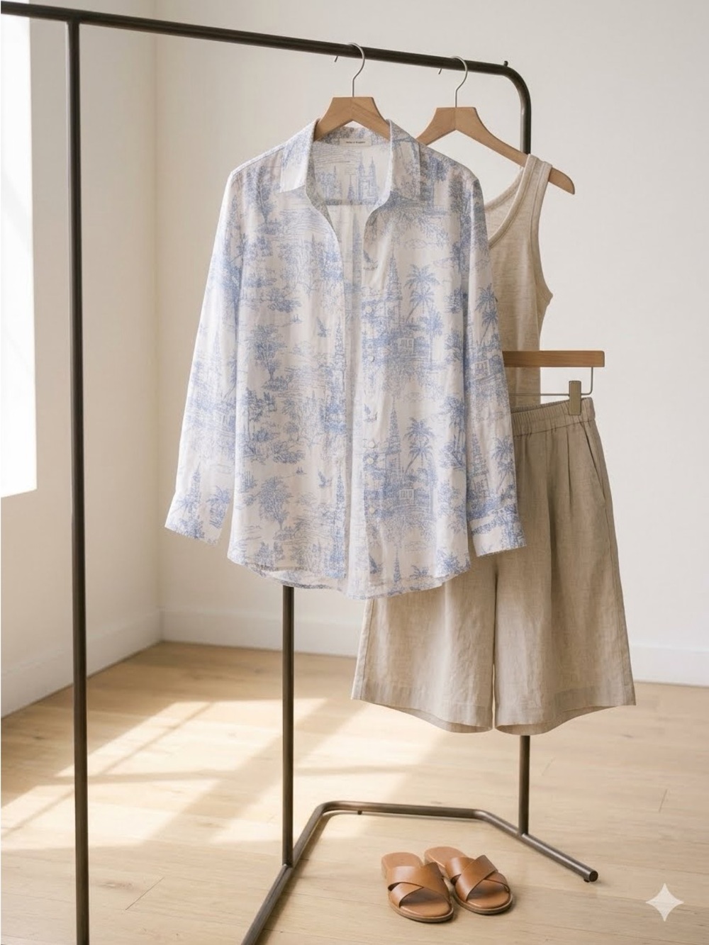 Blue Toile Print Button-Down Women's Shirt